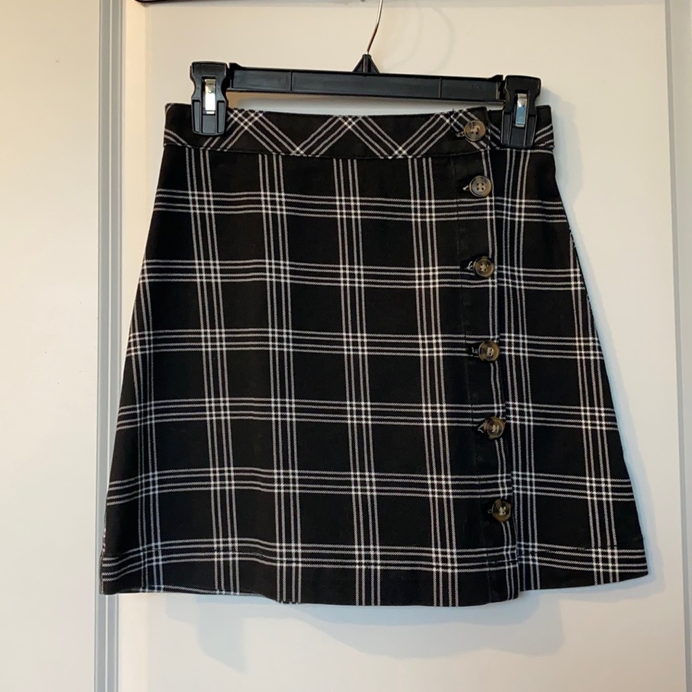 Black and white plaid wrap mini skirt